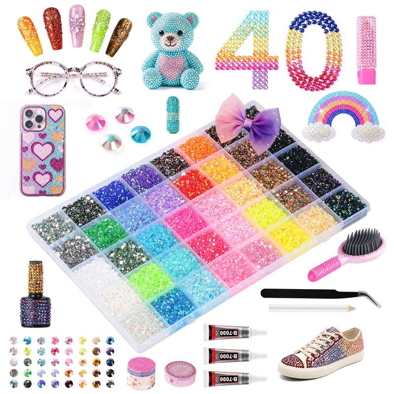 18000Pcs 40 Colors Resin Jelly Rhinestones Kit, 4mm Flatback Rhinestones with 3Pcs B7000 Jewelry Glue & Tools, Bedazzler Kit with Rhinestones, All-in-One Bedazzling Kit for DIY Arts & Crafts Gifts