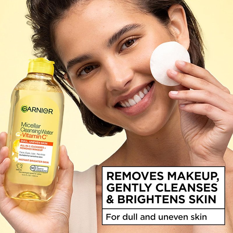 Garnier Micellar Water with Vitamin C, Facial Cleanser & Makeup Remover, Brightening & Hydrating, For All Skin Types, Vegan, Cruelty Free, 13.5 Fl Oz (400mL), 1 Count