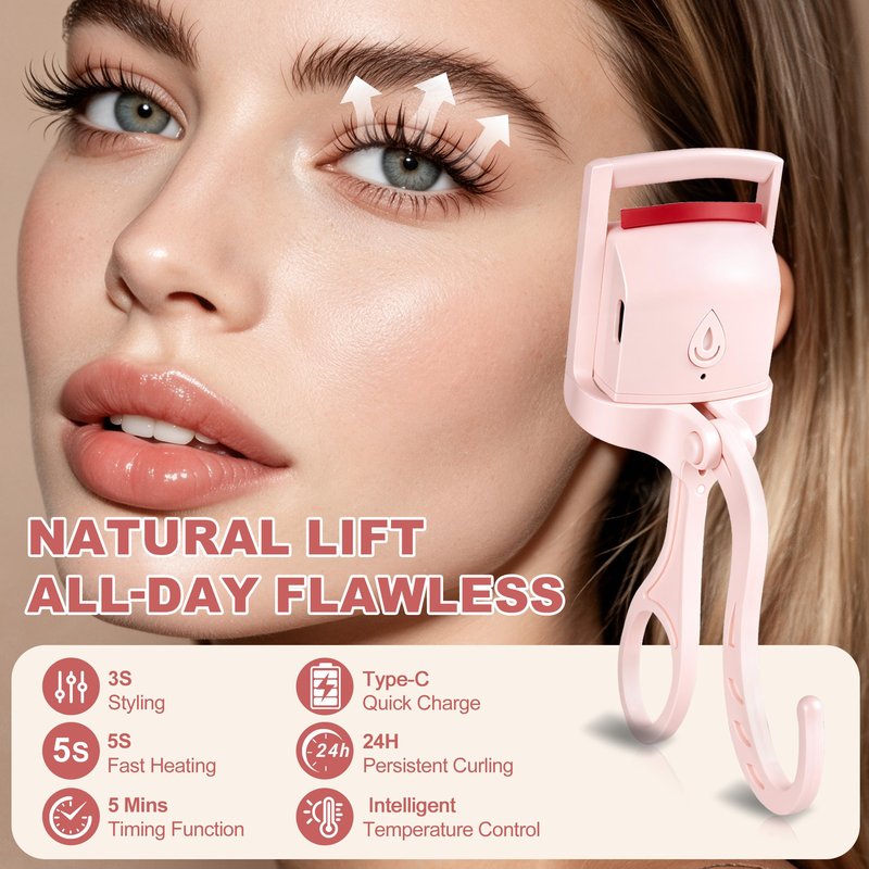 Heated Eyelash Curler for Women, C Curl Electric Lash Curler, Anti-Burn Silicone Pad, Fast Heat-Up, Rechargeable Portable Makeup Tool for Straight Lashes, Pink