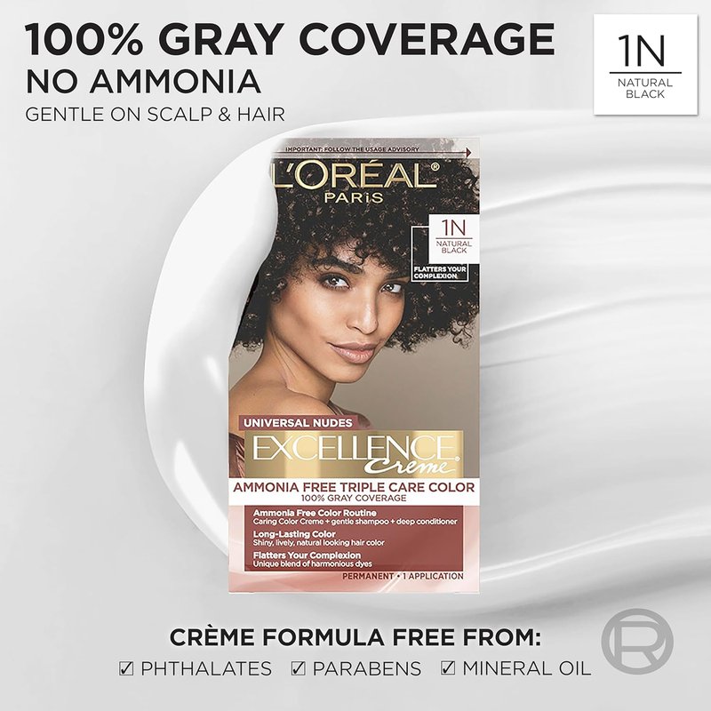 L’Oreal Paris Excellence Hair Color - Ammonia-Free Gray Coverage | 1N Natural Black, 1 Kit