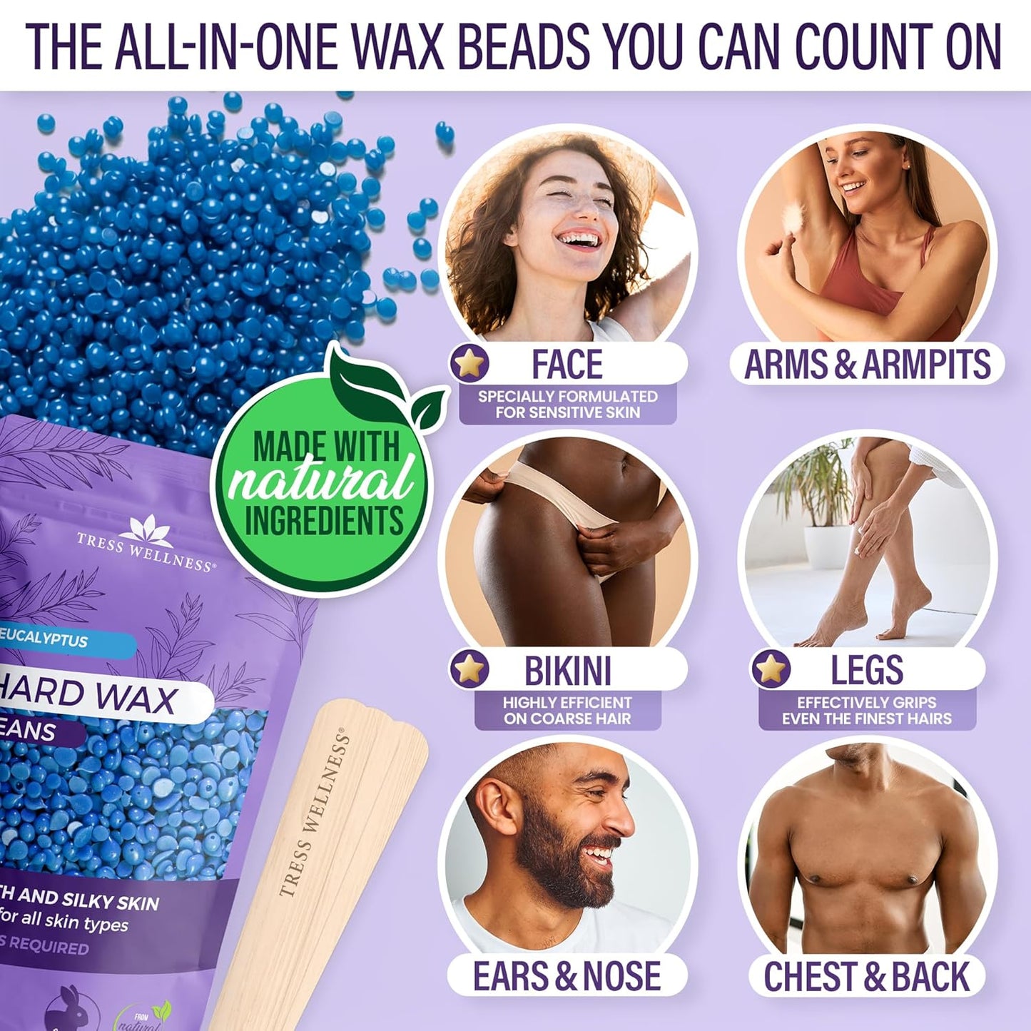 Tress Wellness Waxing Kit - Sensitive Skin Formula for Face & Body | Easy At-Home Use, Digital Display, Black Purple Flower