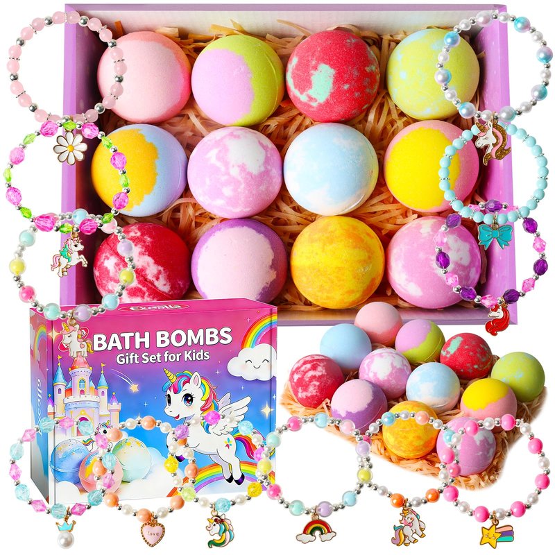 Bath Bombs for Girls with Toys Inside, Kids Bath Bombs with Jewelry Inside, 12 Pcs Natural Bubble Bath Set for Skin Moisturizing, Birthday Christmas Easter Gifts for 4 5 6 7 8 Year Old