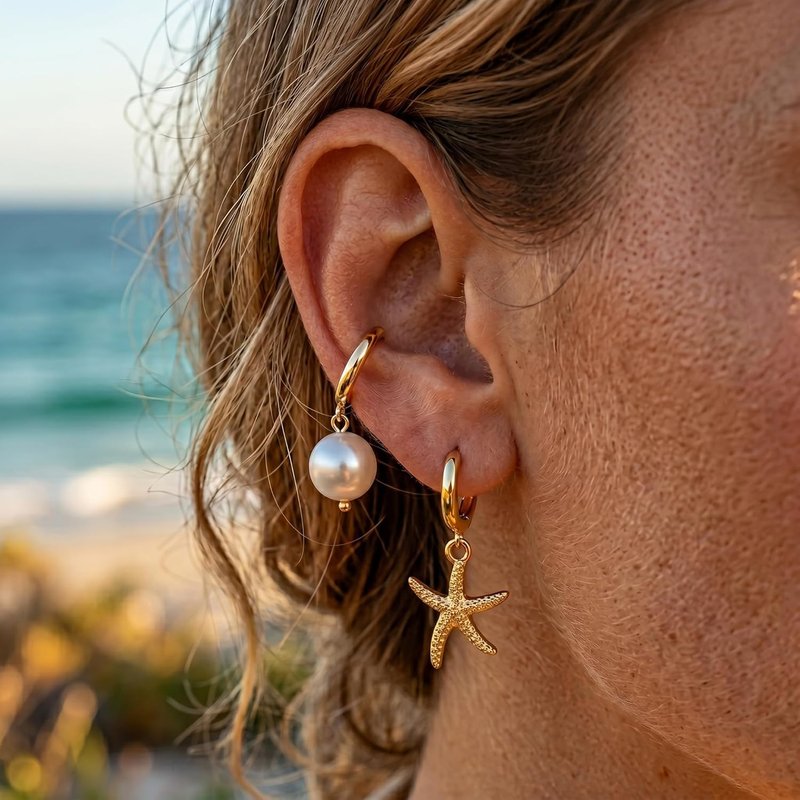 Skiennix Huggie Hoop Earrings Set - 14K Gold Plated Ocean Elements | Shell, Starfish, Conch, Pearl