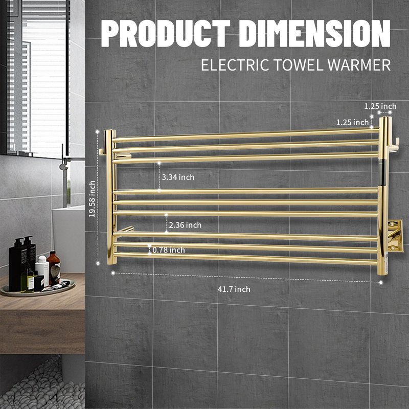 K&KALONZO Towel Warmer for Bathroom, Wall-Mounted 9-Bar Heated Towel Rack with Built-in Timer, Waterproof Electric Towel Heater, Support Plug-in and Hardwired, Polished Gold, EL13L