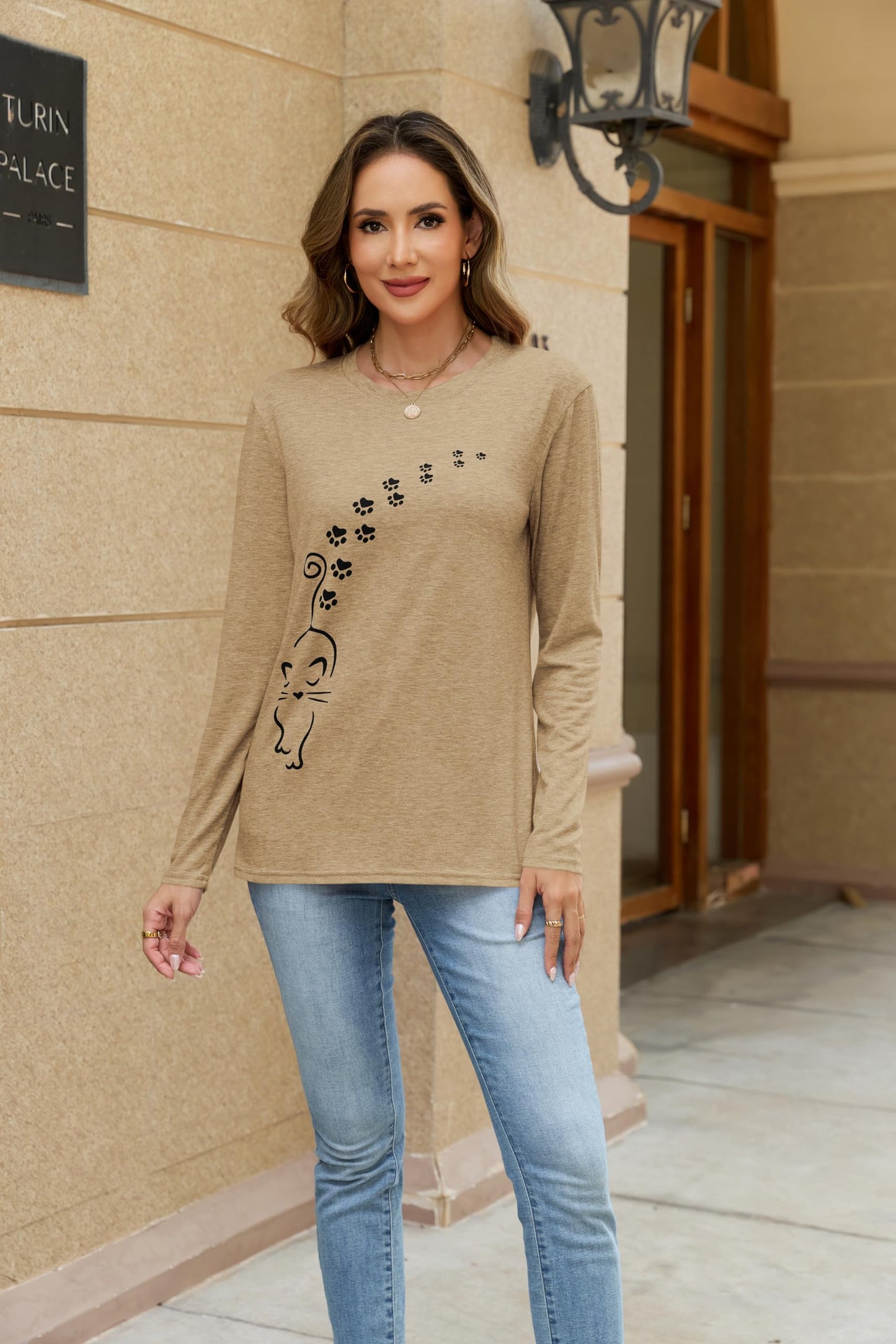 FAOUEOW Women's Long Sleeve tees Cat Mom Graphic Tee Shirts Womens Graphic t Shirts Pullover Tops Khaki