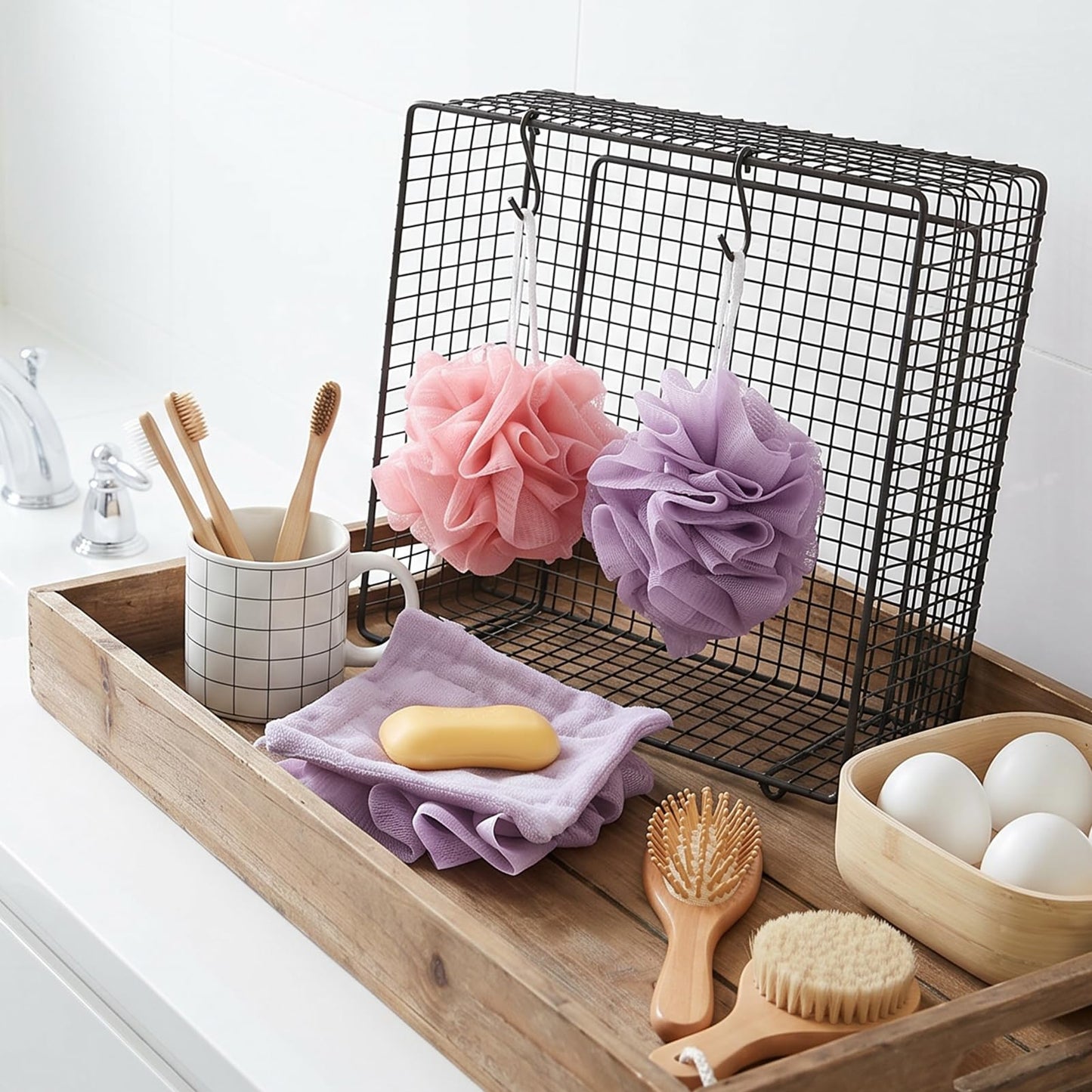 ZhouBoat 2 Pack Exfoliating Loofah Soap Holders with Washcloth Double-Sided Bath Sponge Body Scrubber Reusable Shower Pouches Pink Purple