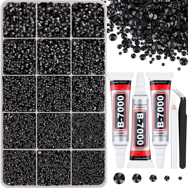 Skiennix 16000 Pcs Black Resin Jelly Rhinestones - Flatback Gems with 3 Pcs B7000 Jewelry Glue for DIY Crafts