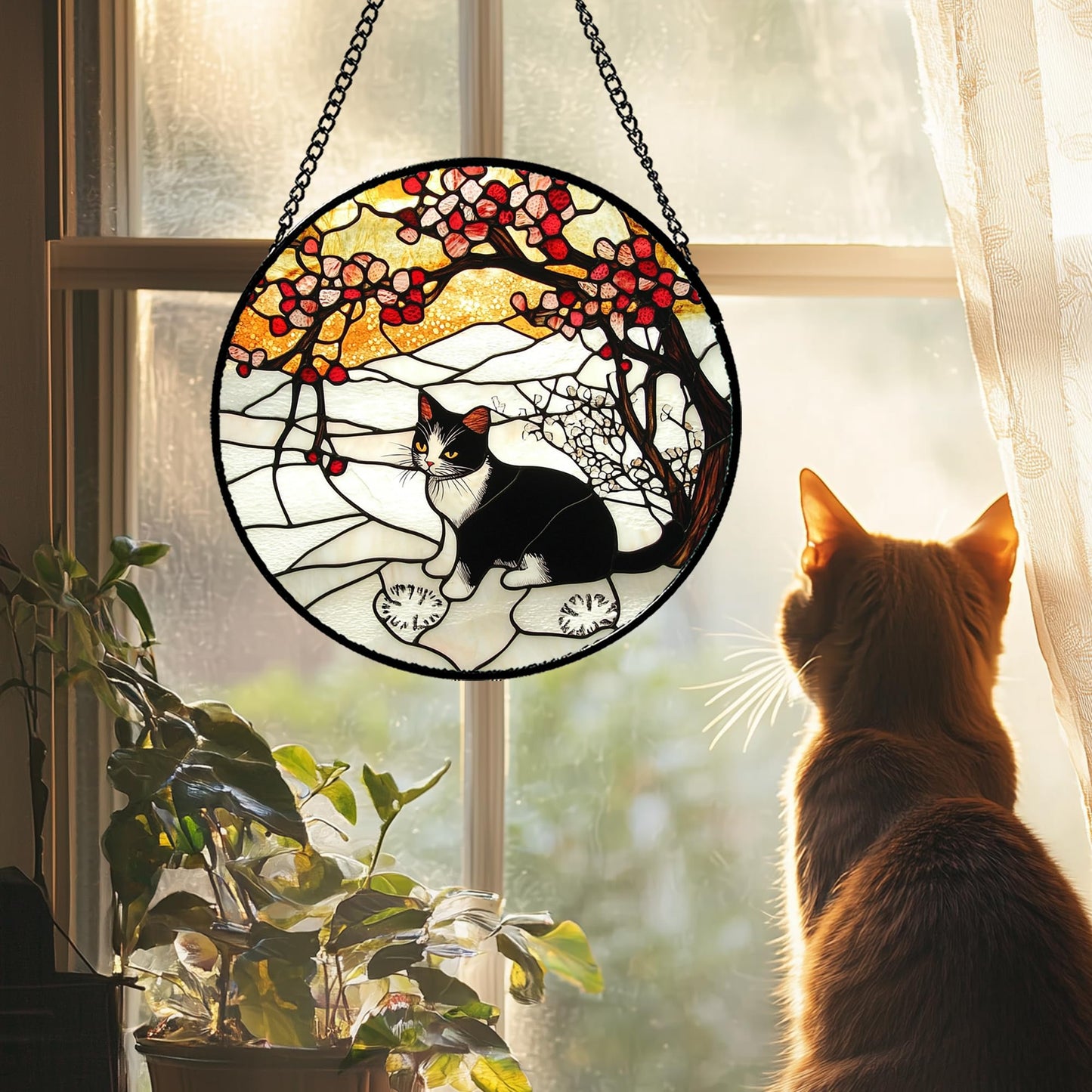 GEFOS Stained Glass Window Hanging Black and White Cat in The Snow Large 15" - Suncatcher Door Garden Sun Catcher Home Decor Birthday Christmas for Cat Lovers Mom Men Woman Nana
