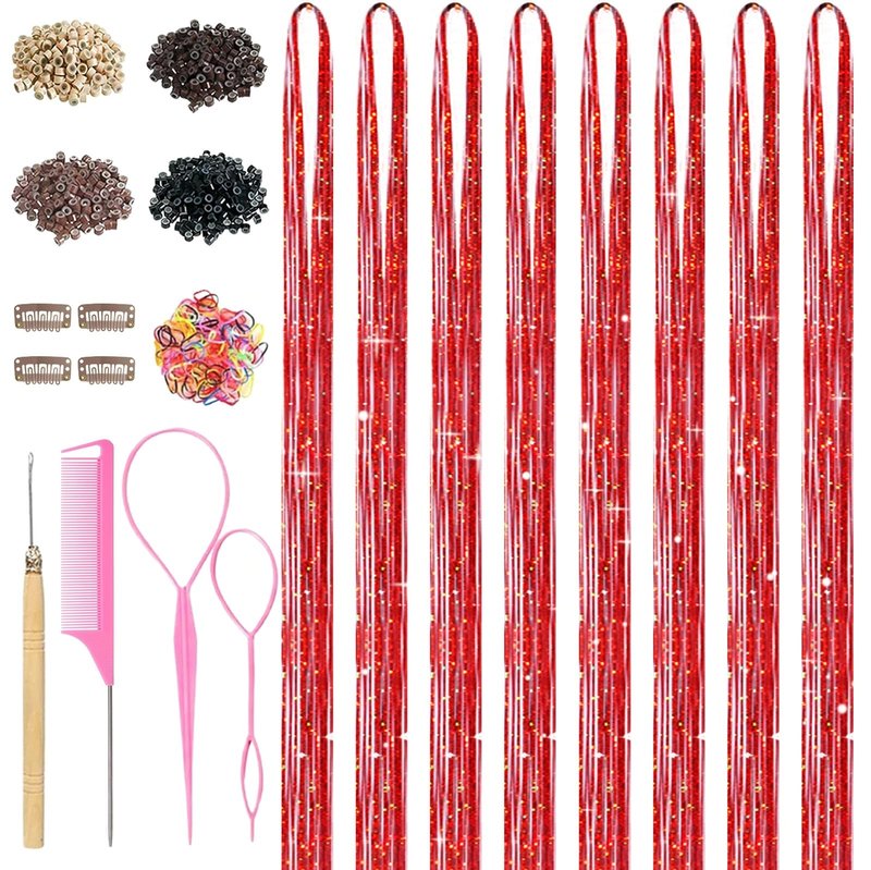 Red Hair Tinsel, 8 Pcs Fairy Hair Tinsel Kit for Girls Women 48 Inch 3200 Strands with Tools Hair Accessories Glitter Tinsel Hair Extensions for Party Festival Christmas (Red)