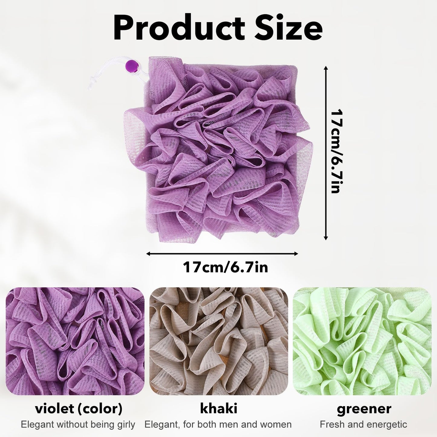 WJIAAA Loofah Washcloth Combo, 3 Pack 2-in-1 Exfoliating Shower Pouf Soap Pocket Drawstring Exfoliation Mesh Ball Hold Bar Soap Loofah Washcloth Body Wash Cleansing Smooth Skin(Green+Purple+Khaki)
