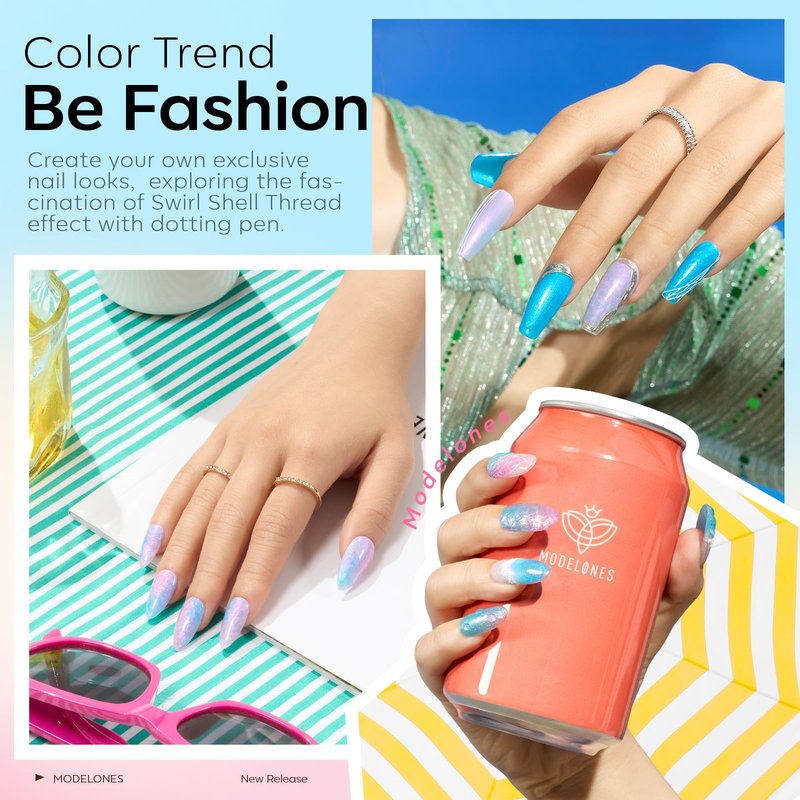 modelones Gel Nail Polish Set 6 Colors Pink Blue Pearl Gel Nail Polish White Pink Blue Shimmer Mermaid Glitter Polish All Seasons Soak Off Nail Drawing Swirl Shell Thread Effect DIY Gift Women Girl