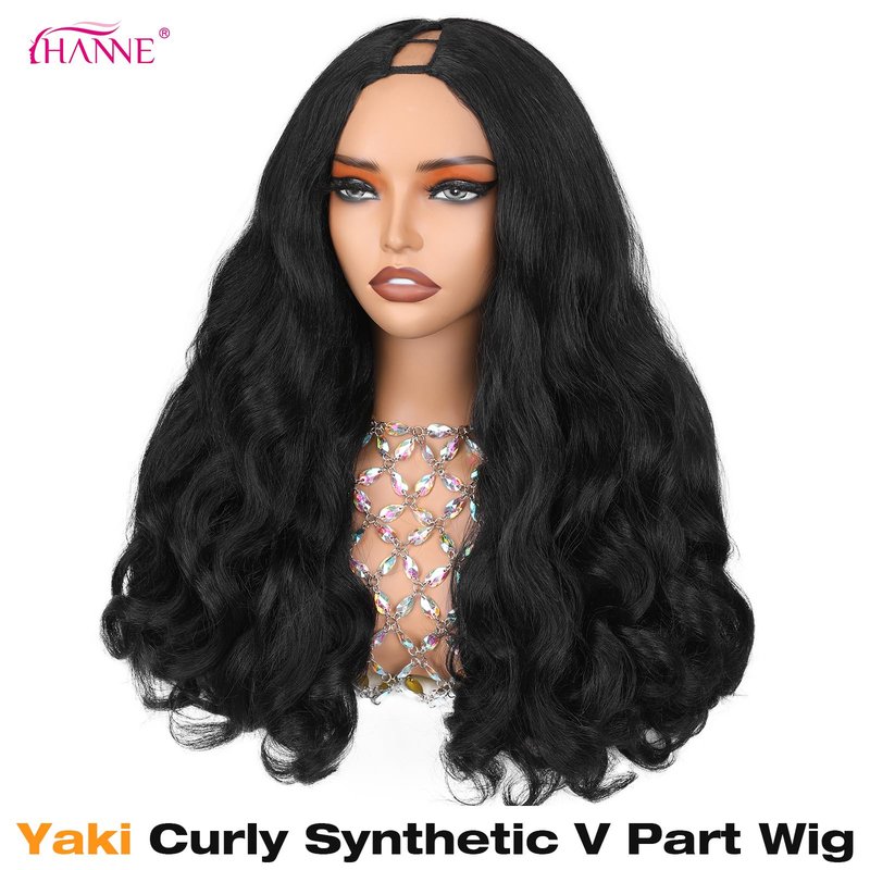 HANNE Yaki Curly V Part Wig U Part Synthetic Half Wigs for Black Women 22 Inch Heat-Resistant Hair Replacement Wig (Natural Black)