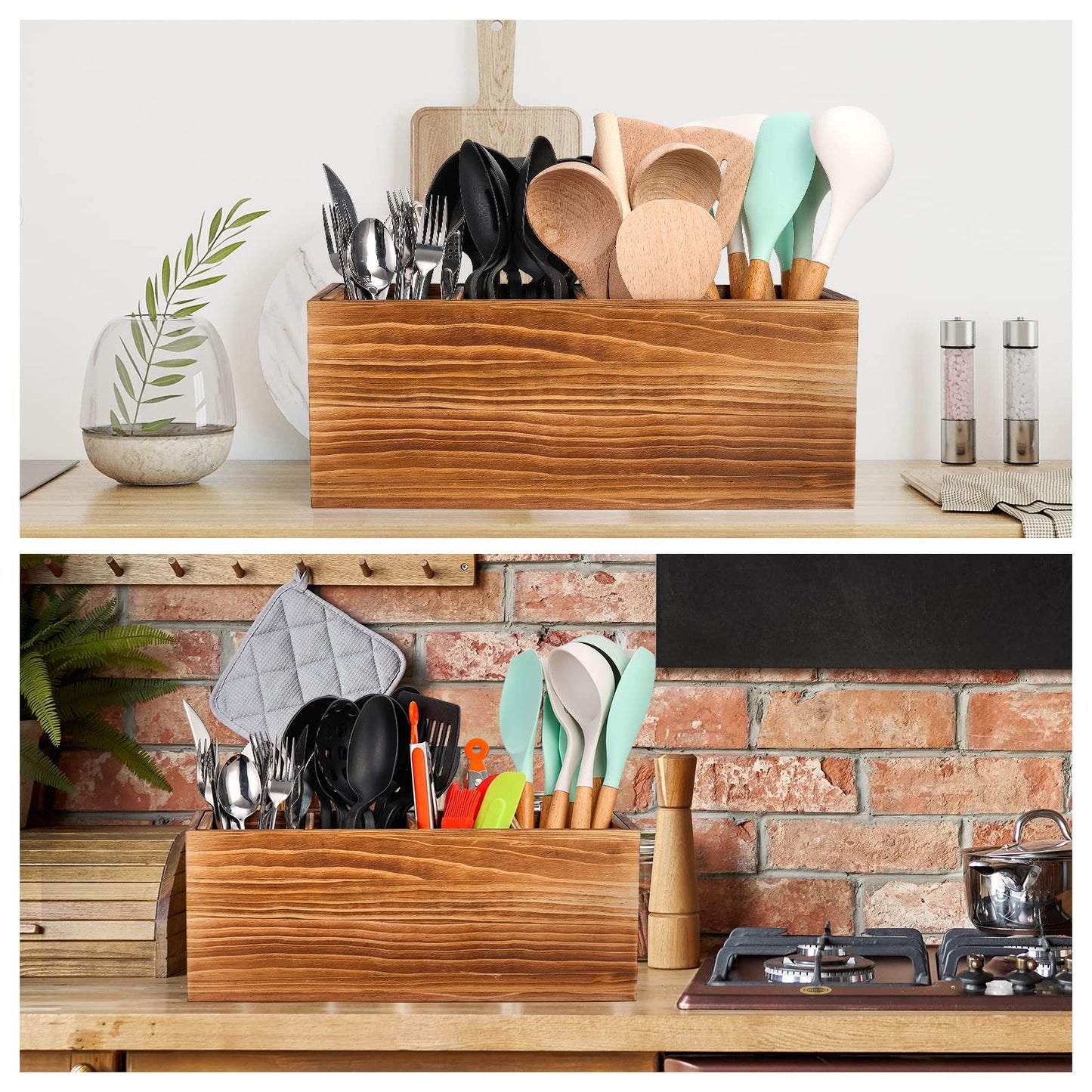 Yumkfoi Extra Large Utensil Holder, 4 Sections Wooden Utensil Organizer for Countertop, Rustic Utensil Caddy Crock Counter Organizer and Cooking Tools Storage