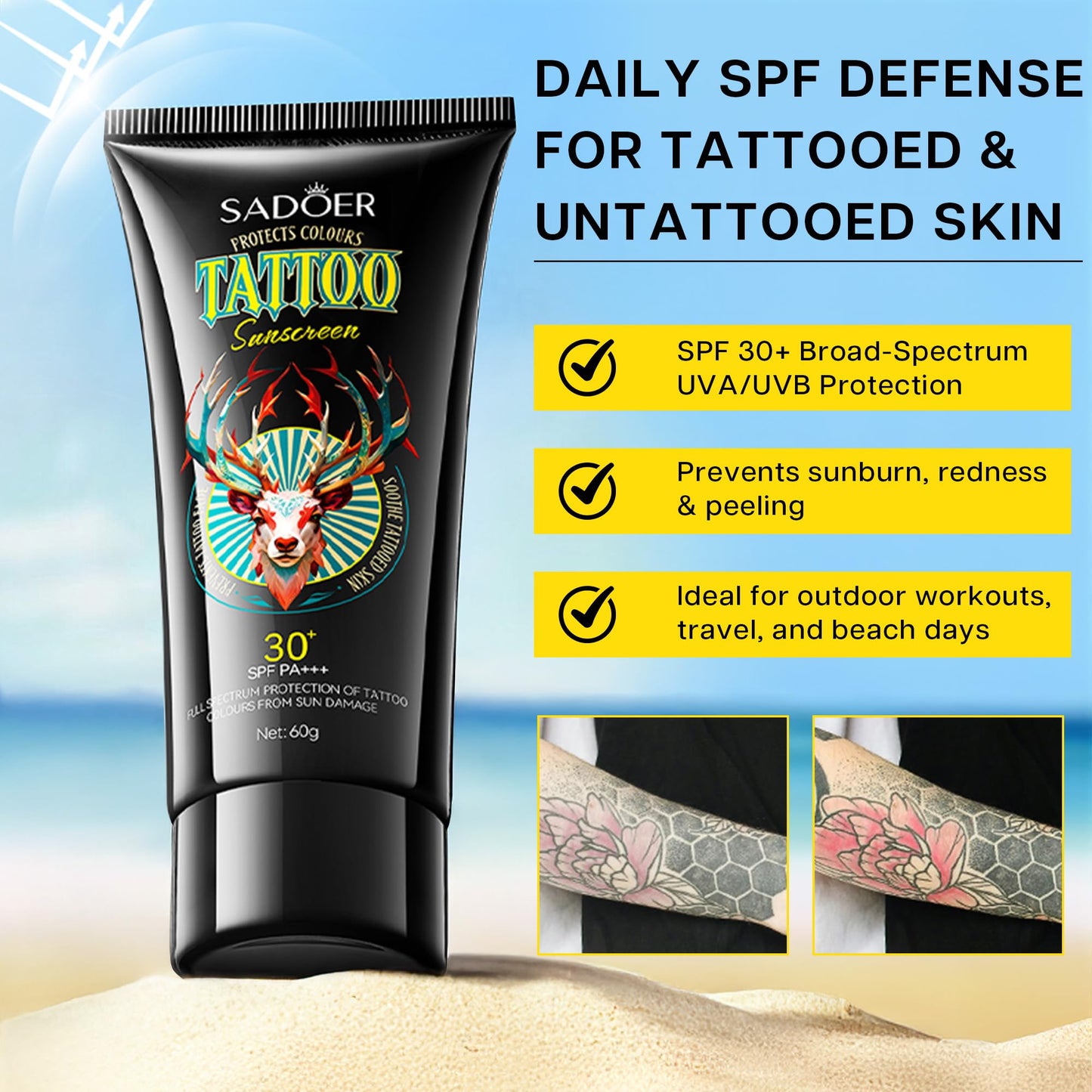 VRAIKO SADOER Tattoo Sunscreen SPF 30+, Fade Protection & Anti-Aging Formula with Avocado Oil, Jojoba Oil, Hyaluronic Acid and Aloe, Moisturizer for Vibrant Tattoos, 2oz