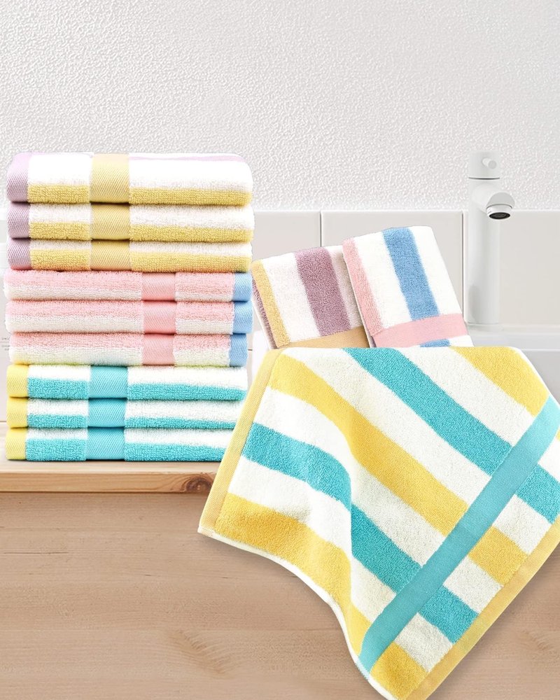 Jacquotha Cotton 12 Pack Striped Washcloths, 13 x 13 Inches, 3 Colors - Face and Body Cleansing Towels