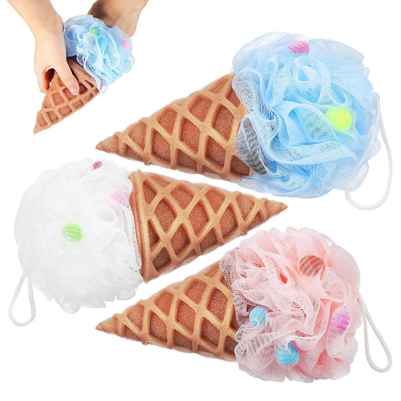 DEARMAMY Kids Loofahs 3 Pack Ice Cream Bath Sponge Shower Balls Soft Body Scrubbers with Hanging Rope for Toddlers Gentle Bath Accessories