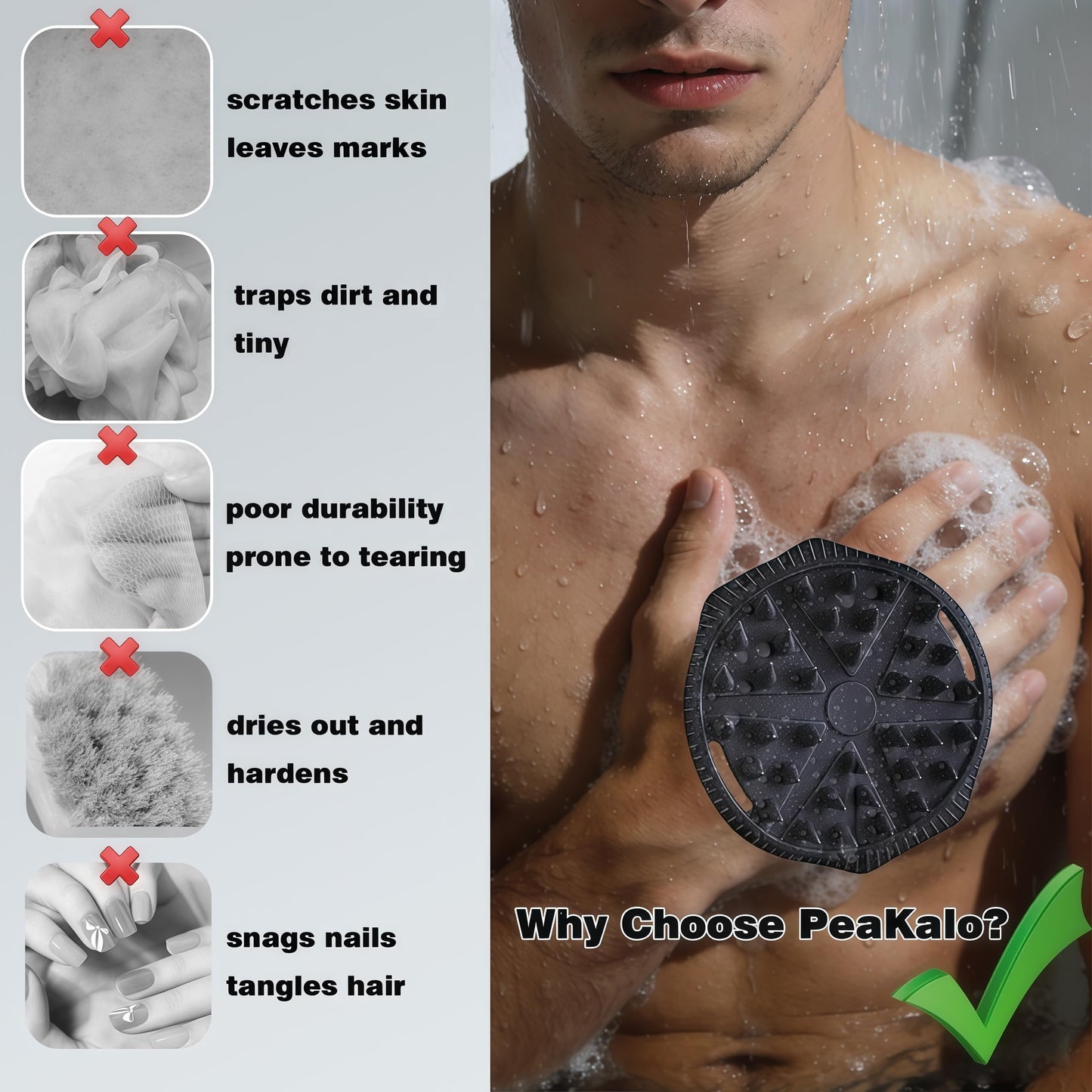 PeaKalo Silicone Body Scrubber for Men Women, Dual-Sided Bath Brushes Gentle Exfoliating Body Scrubber Scalp Massager for Deep Cleansing, Soft Silicone Loofah Body Washing Brushes (Black)
