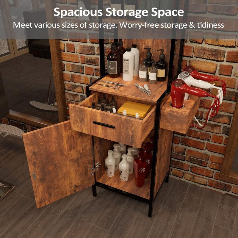 3-Layer Salon Storage Cabinet - Beauty Barber Styling Station Organizer with Drawer & Hot Tool Holders | Rustic Design