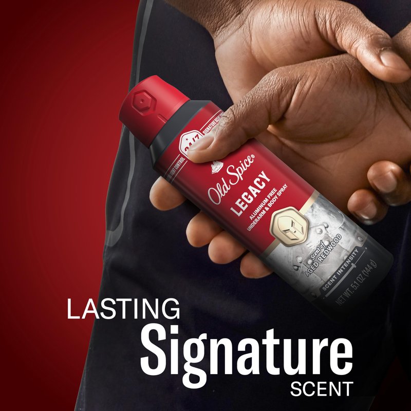 Old Spice Aluminum Free Body Spray for Men, 24/7 Signature Scent & Lasting Freshness, All-Day Odor Protection, Easy Application, Legacy with Coconut, Pine & Cedar Scent, 5.1 oz