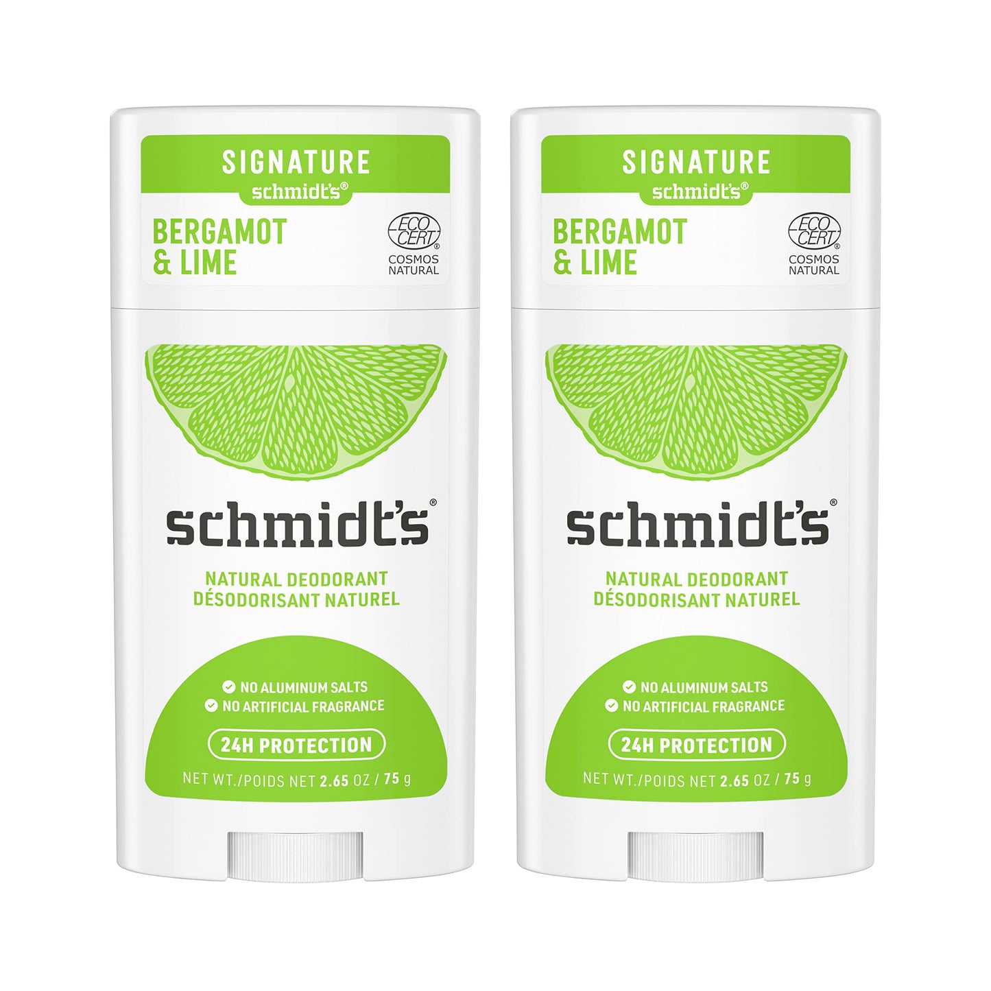 Schmidt's Aluminum Free Natural Deodorant Bergamot & Lime 2 count For Women and Men, with 24 Hour Odor Protection, Certified Cruelty Free, Vegan Deodorant, 2.65 oz