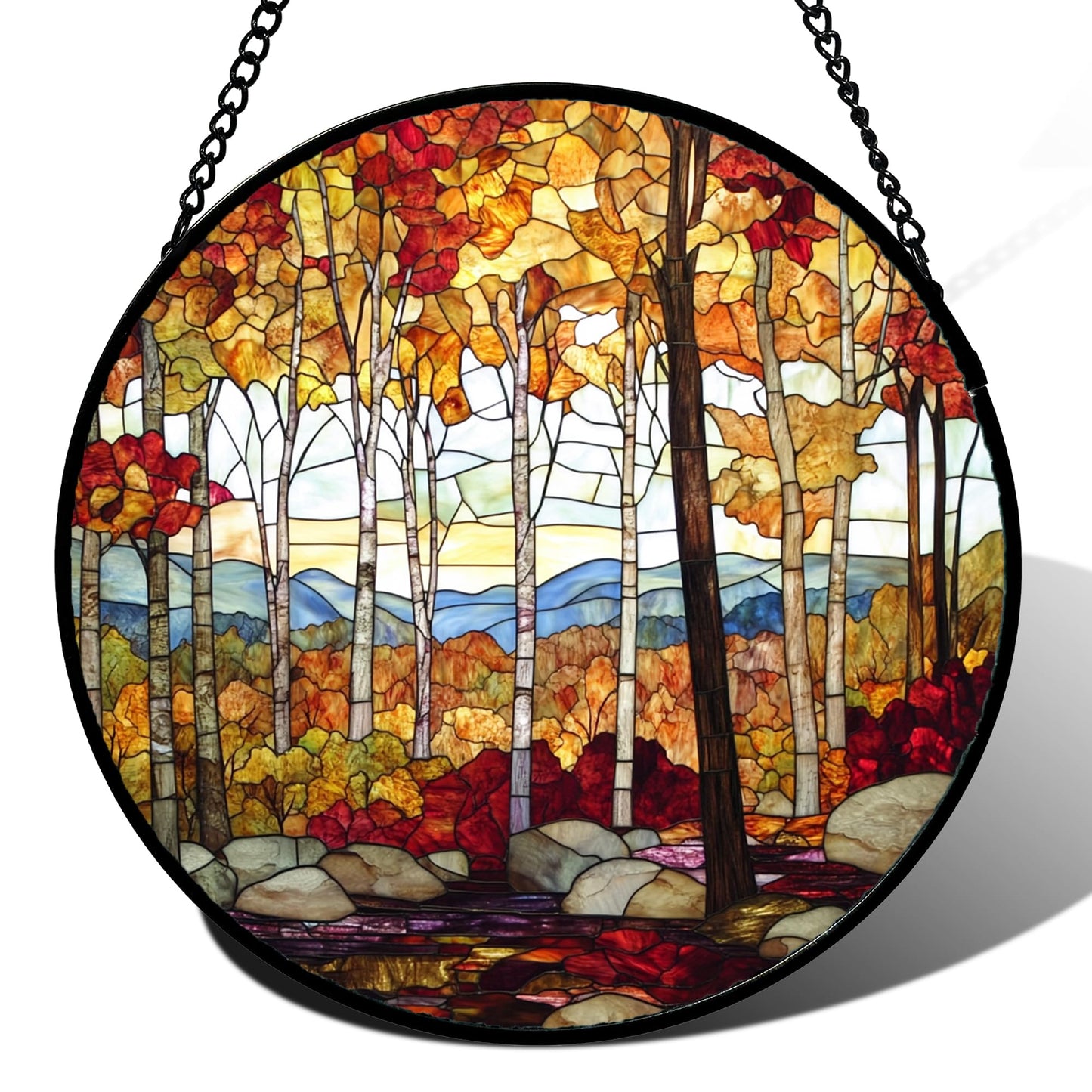 QZQCBLC Stained Glass Window Hanging Fall Birch Tree Forest Scenery 6.3" - Suncatcher Door Garden Sun Catcher Home Decor Birthday Christmas for Mom Men Woman Friend Nana