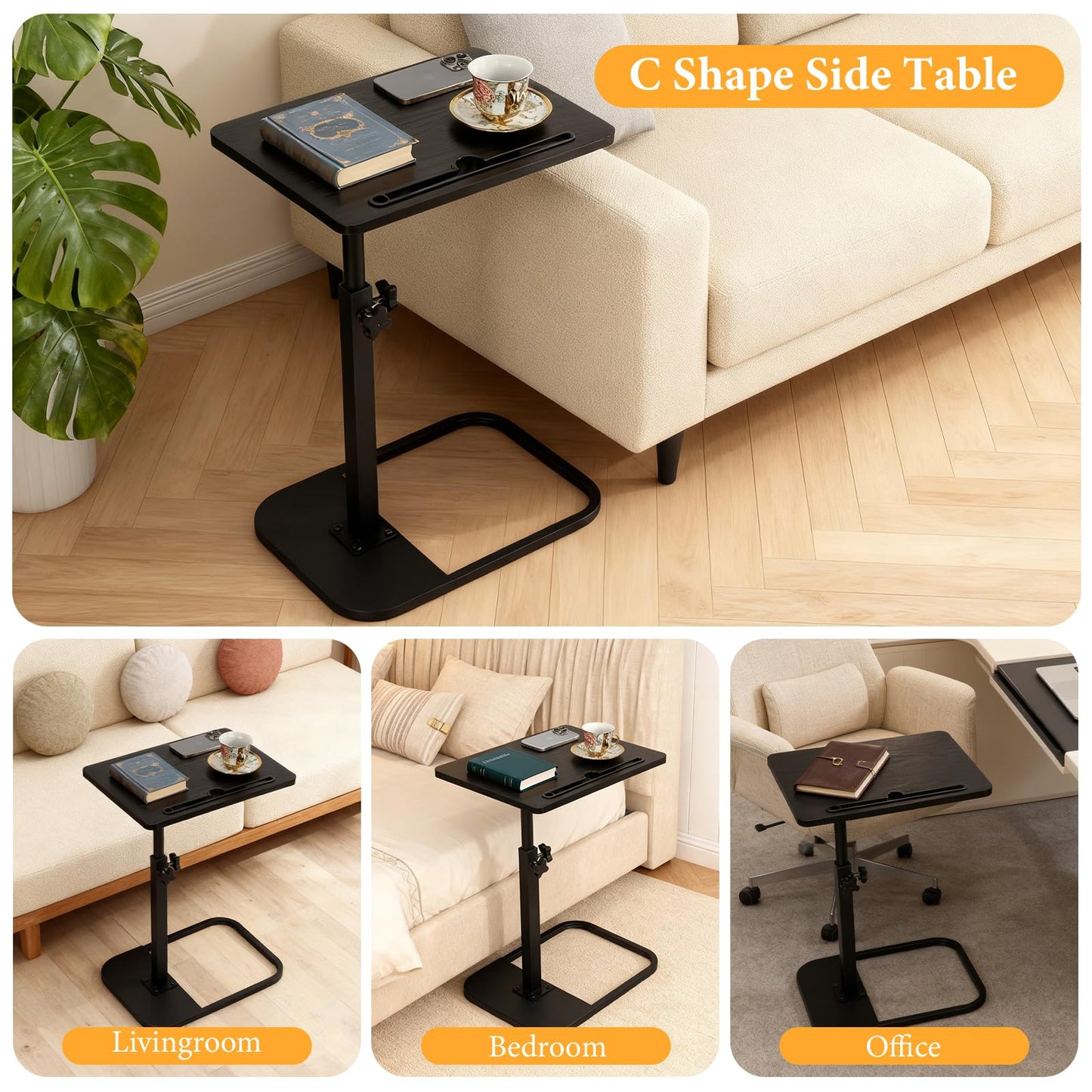 jessie Tv Tray C Table, Adjustable End Table for Couch 360° Swivel C Shaped End Table with Phone Tablet Slot for Living Room, Sofa, Bedside, Bathroom (Black)
