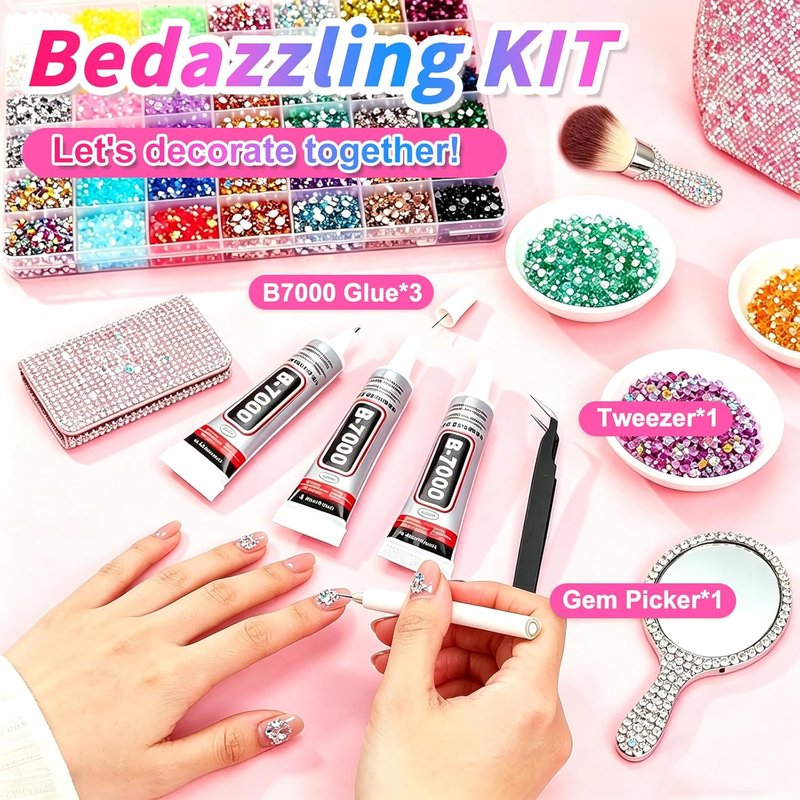 Bedazzler Kit - 46000 Pcs 3mm Flatback Rhinestones with Jewelry Glue, Tweezers & Pickup Pen for Nail Art | DIY Crafts & Fashion