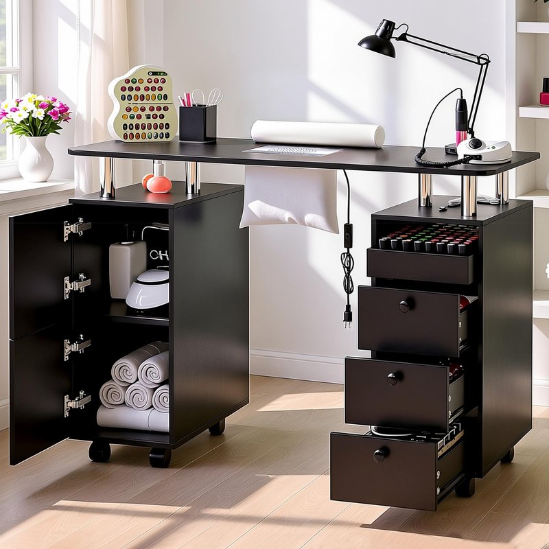 HolaiNail Nail Desk for Nail Tech w/Electric Dust Collector, Rolling Manicure Table w/Lockable Wheels, Storage Drawers, Wrist Cushion, Acetone Resistant, for Nail Beauty Salon Workstation (Black)