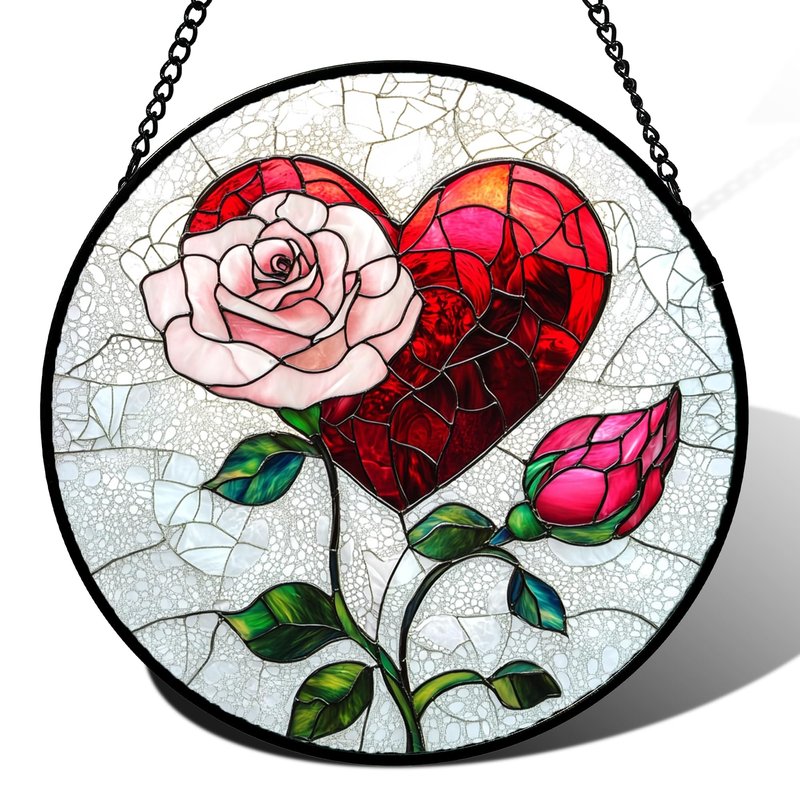 QZQCBLC Stained Glass Window Hanging Red Heart Pink Rose Flower 7.8" - Suncatcher Door Garden Sun Catcher Decor Birthday Anniversary Valentines Day Gifts for Woman Wife Men Her Him Lovers Mom