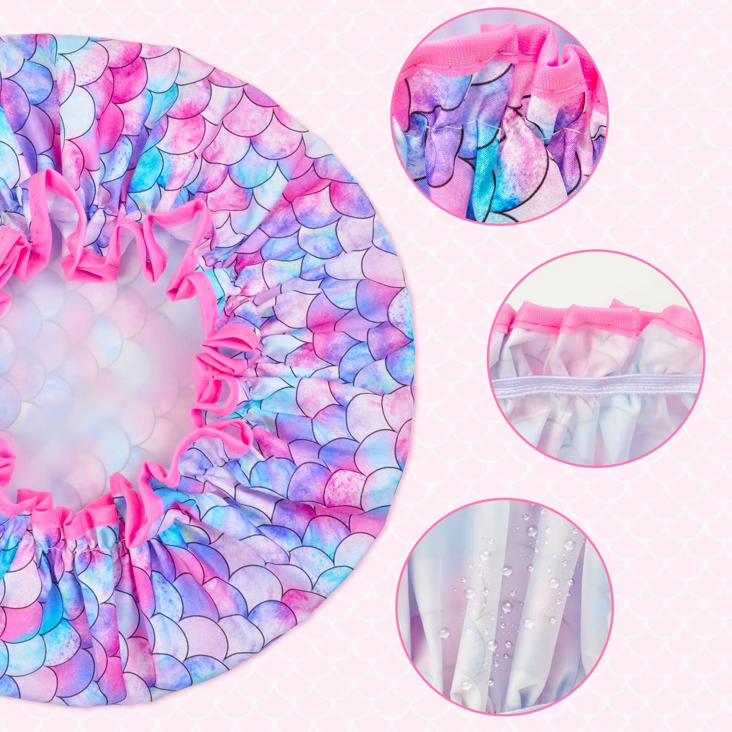Olypegic Kids Shower Cap, 3 Pcs Girls Shower Cap for Kids Reusable Waterproof Adjustable Large Hair Cap Unicorn Mermaid Rainbow Cute Hair Cover Hat