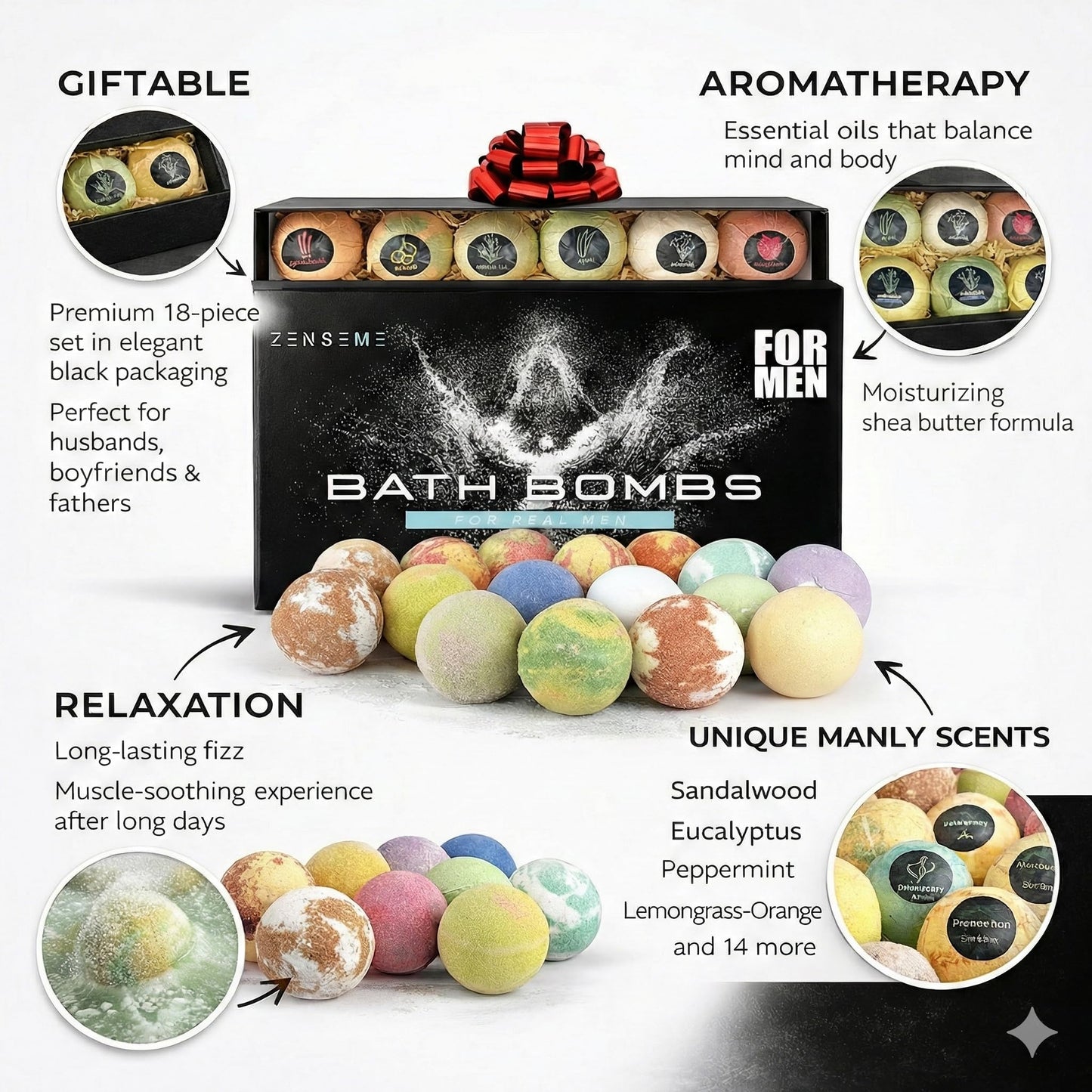 Bath Bombs for Men, Gift Set of 18 Scented Organic Handmade Bath Bombs of 2.5 oz with Natural Essential Oils. Perfect for Boyfriend, Husband, Father or Friend, by ZenseMe