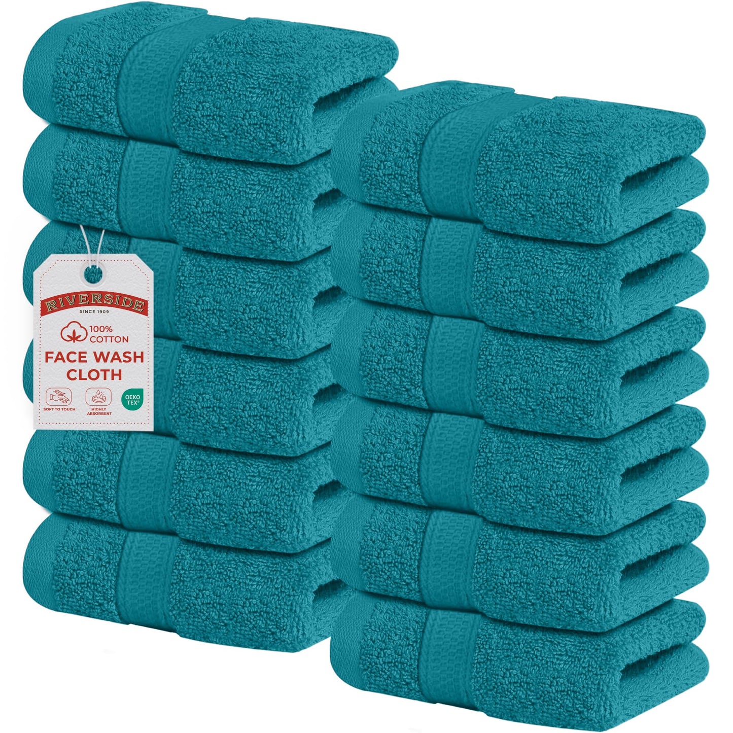 RIVERSIDE 12-Pack Premium 100% Cotton Teal Face Towels for Bathroom [12x12] - Reusable Luxury Face Wash Cloths for Showering - 550 GSM Super Soft & Absorbent Washcloths for Body, Spa & Gym