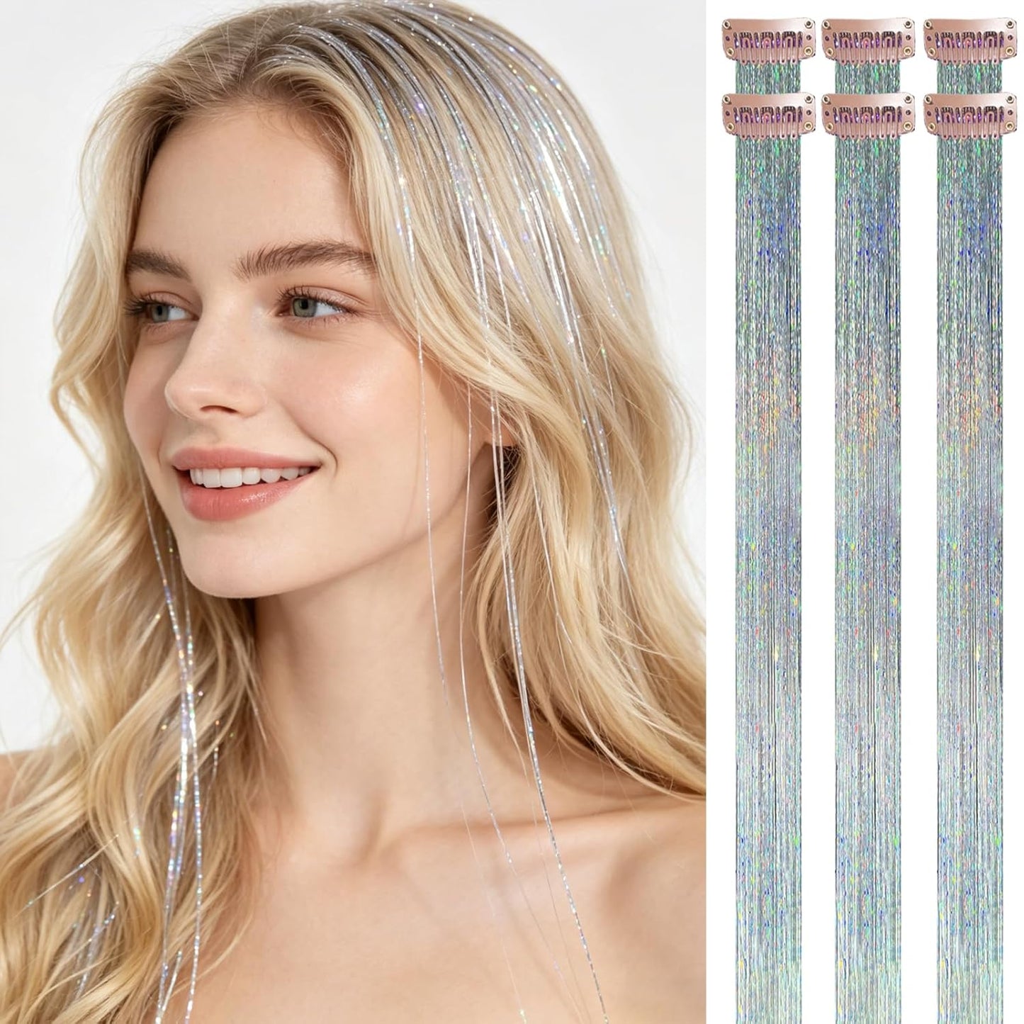 Skiennix Silver Clip-In Hair Tinsel - 24 Inch Heat Resistant Glitter Extensions | 75 Strands for Weddings & Parties