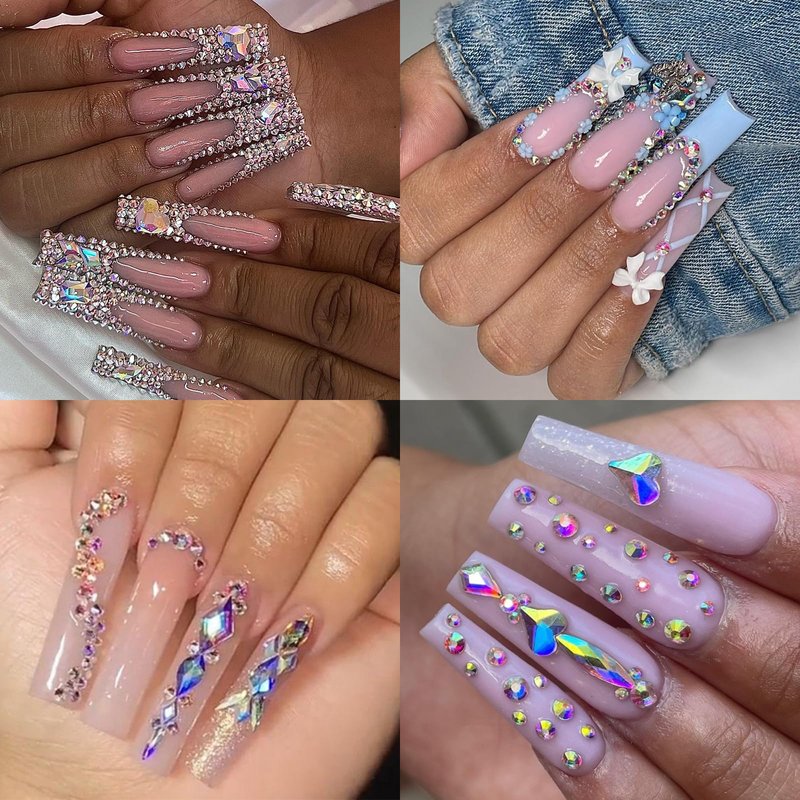 Cycullinyt 1660Pcs Crystal AB Nail Art Rhinestones: 8 Types of Multi Shapes Diamonds + 4 Sizes Flatback DIY Crafts Rhinestone Crystals 3D Glass Stones Set + Tweezer + Pickup Pen