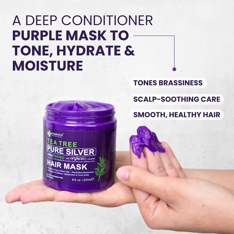 KESMEDIK Tea Tree Purple Hair Mask Toner with Argan Oil, Deep Conditioner for Dry Damaged Bleached, Blonde Silver White & Gray Hair Toner, Itchy Scalp Relief, Removes Brassy & Yellow Tones
