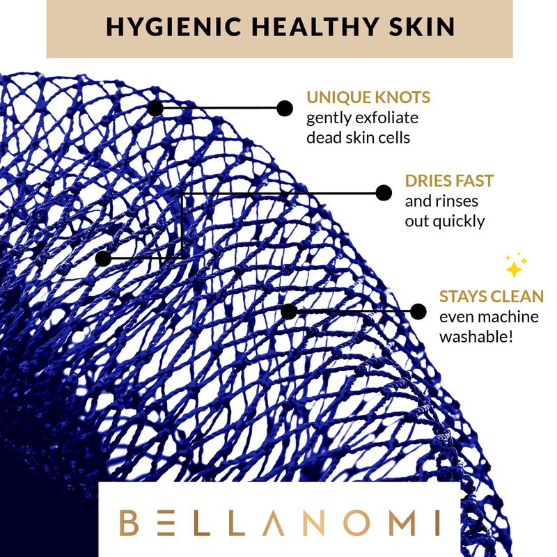 BELLANOMI 4 Piece African Exfoliating Net Sponge Long African Bath Sponge, Authentic Ethically Sourced from Nigeria, Great for Daily Use (Navy Blue, Baby Blue, Blush, Pink)
