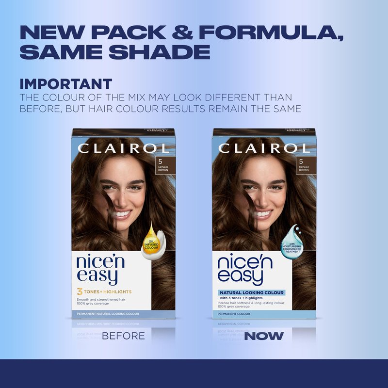 Clairol Nice'n Easy Permanent Hair Dye, 5 Medium Brown | 100% Gray Coverage | Long‑Lasting, Natural‑Looking Color & Shine | Pack of 1
