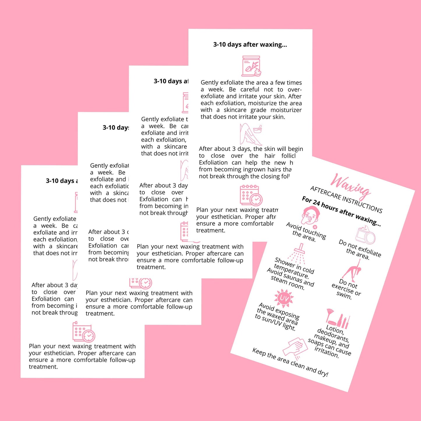 Waxing Aftercare Cards | 50 Pack | Size 2 x 3.5” inches Business Card Size | Waxing Aftercare Kit Cards PMU | Aftercare Instructions White with Pink Icons Design