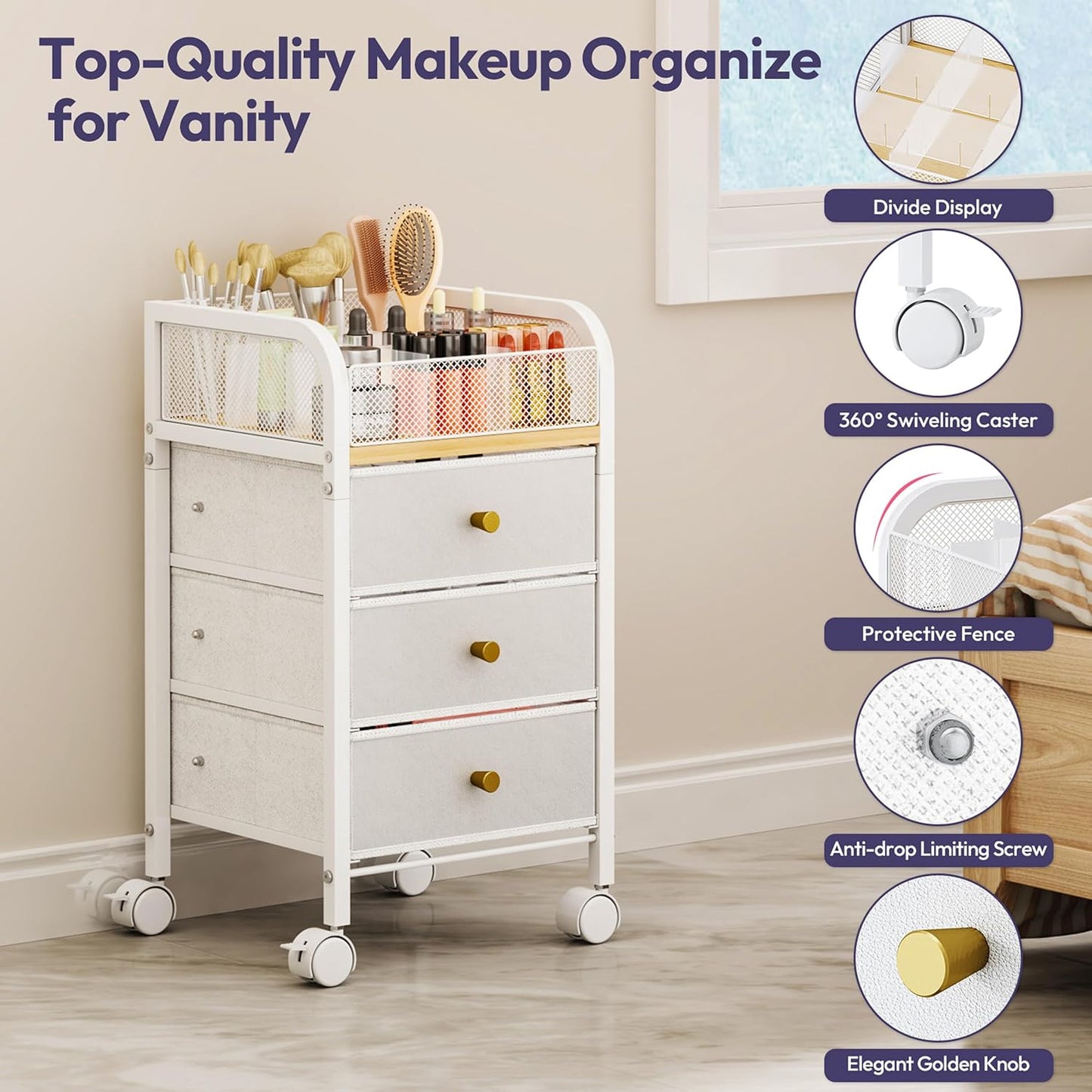 SWTYMIKI Rolling Makeup Organizer Cart - Under Desk Vanity Storage with 3 Drawers | Perfect for Cosmetics & Tools