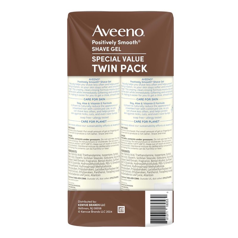 Aveeno Positively Smooth Moisturizing Shave Gel with Soy, Aloe & Vitamin E helps Prevent Nicks, Cuts & Razor Bumps, Creamy Shave Gel for a Close, Smooth Shave, Lightly Fragranced, Twin Pack, 2 x 7 oz