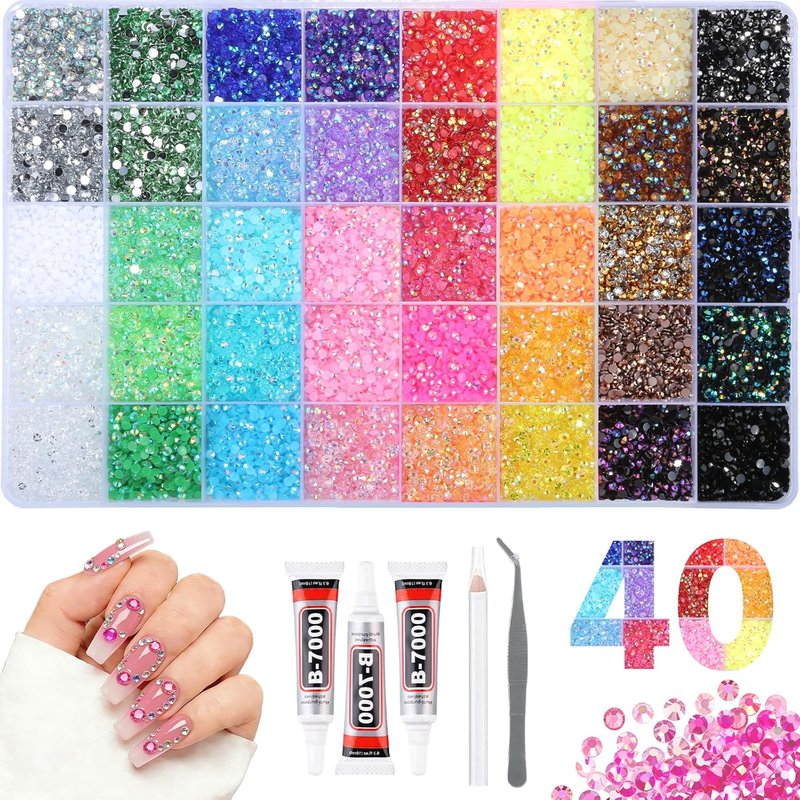 Skiennix 4mm Resin Rhinestones - 40,000 Pcs Bedazzling Kit with Glue, Tweezers & Pickup Pen | 40 Vibrant Colors for Nail Art & DIY Crafts