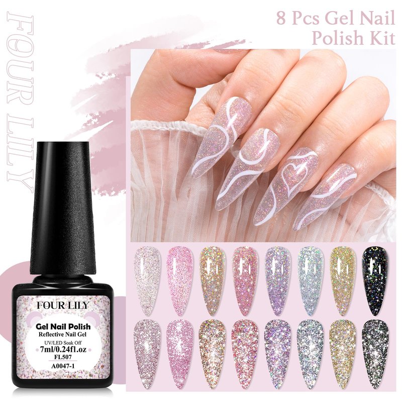 Four Lily Reflective Glitter Gel Nail Polish Set of 8 Colors Pink Red Black Silver Shimmer Sparkle Gel Polish Collection Kit LED Soak Off Nail Polish Manicure Art Gel Kit Home DIY Nail Salon