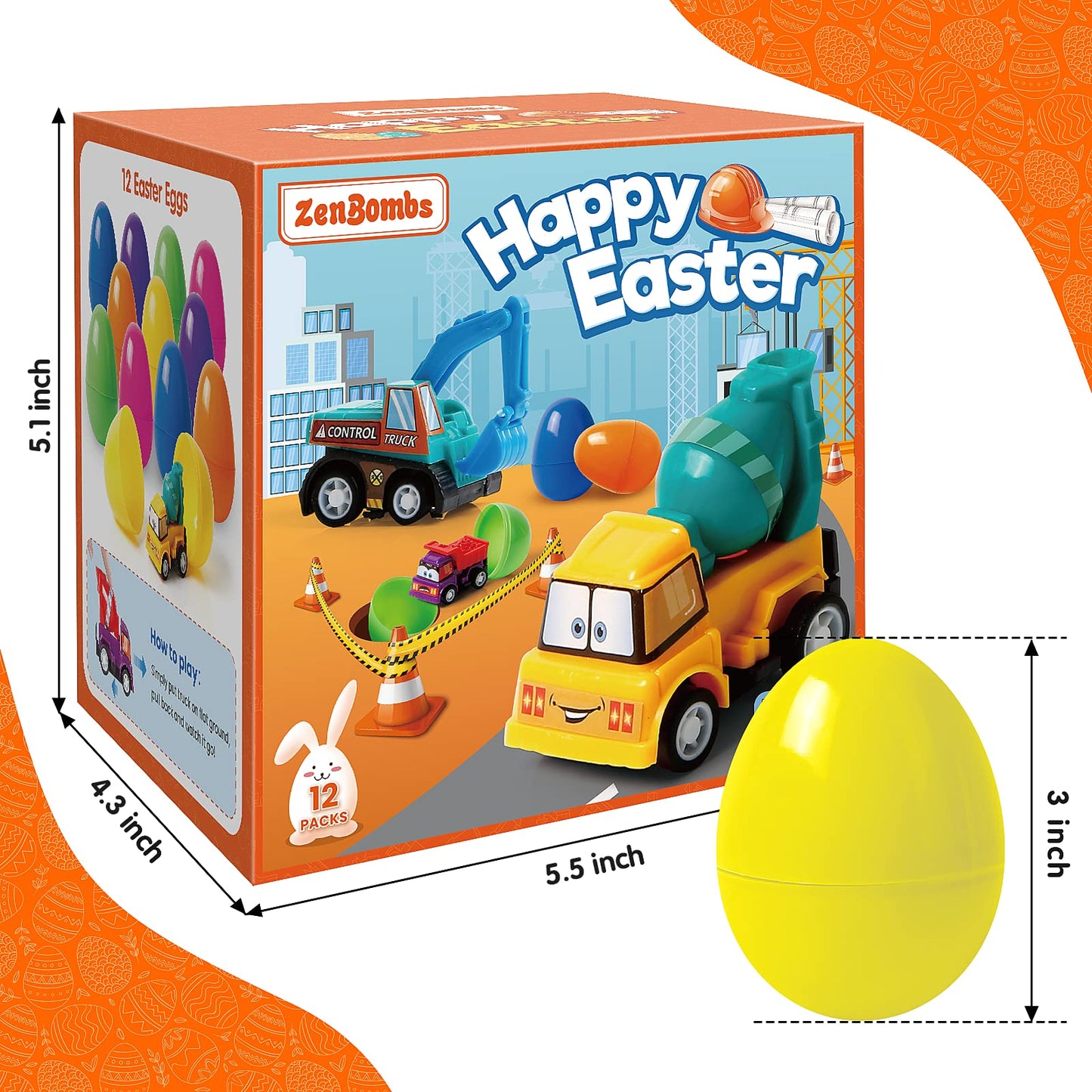 ZenBombs Easter Eggs Plastic Filled with Pull-Back Engineering Toys Gift for Easter Eggs Hunt, Birthday Party for Kids Over 3 Years Old 12-Pack