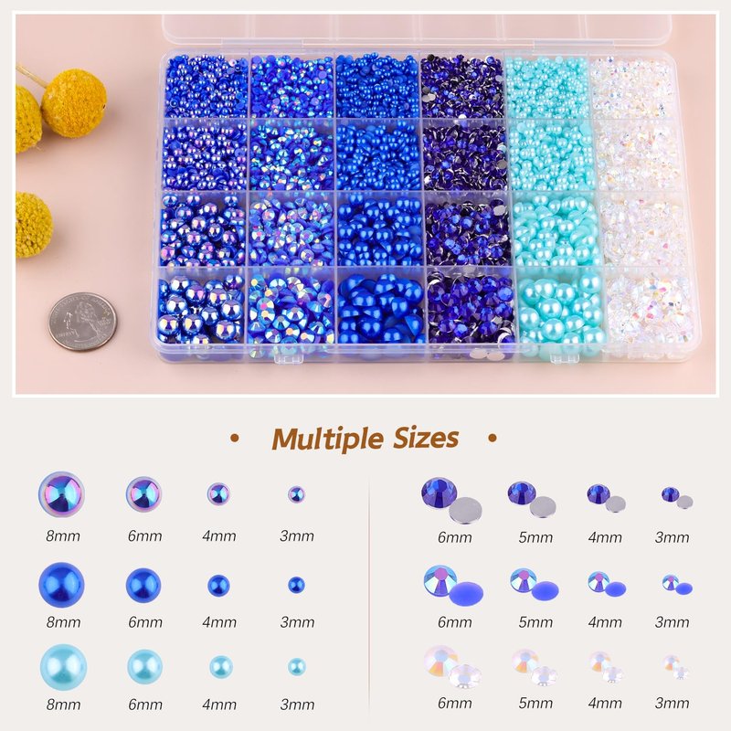 14000PCS Flatback Pearls and Blue Rhinestones for Bedazzling Kit, Dark Blue Mixed Size 3-10mm Resin Rhinestones Gems and Half Pearls for Crafting, Nail Art Crafts Decoration