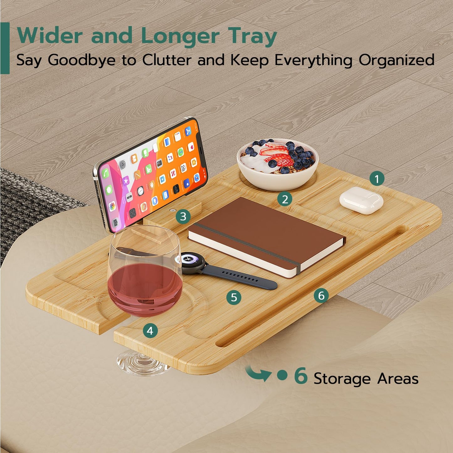 Yumkfoi C-Shaped End Table for Couch Arm, Side Table with 360° Rotating Phone Holder, Bamboo Height Adjustable TV Trays, Narrow Side Table Sofa Table Bed Tray for Living Room, Bedroom