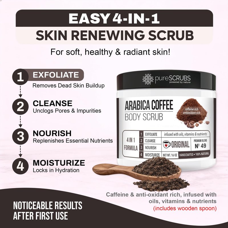 pureSCRUBS Premium Organic Arabica Coffee Body Scrub Set, Skin Smoothing Moisturizing Body Exfoliator - Includes Wooden Spoon, Loofah and Exfoliating Bar Soap - Large 16oz
