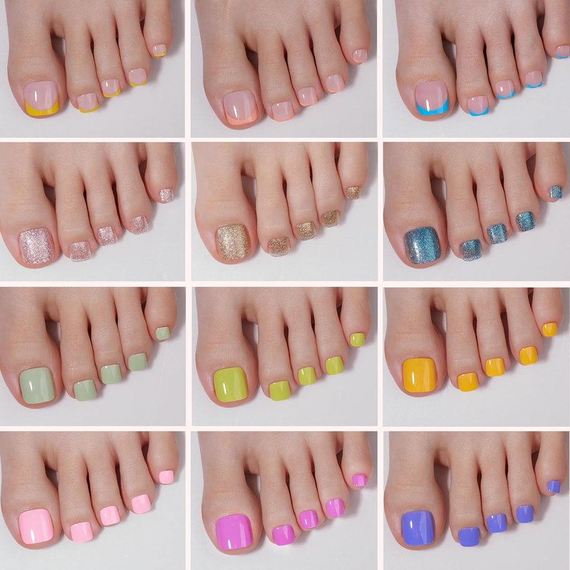 Beetles Press On Toenails Kit - 360 Pcs Short Square Glitter Nails | 12 Colors, French Glossy Finish, Includes Glue & Tabs