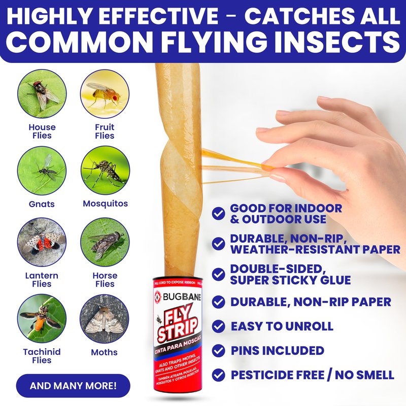Fly Strips Indoor Sticky Hanging 10pk with Pins. Non Toxic Outdoor Fly Trap Indoor for Home. Flies Tape Paper Trap Ribbon Roll for House Gnat Fruit and Housefly. Bug Catchers for Inside Home Flypaper.