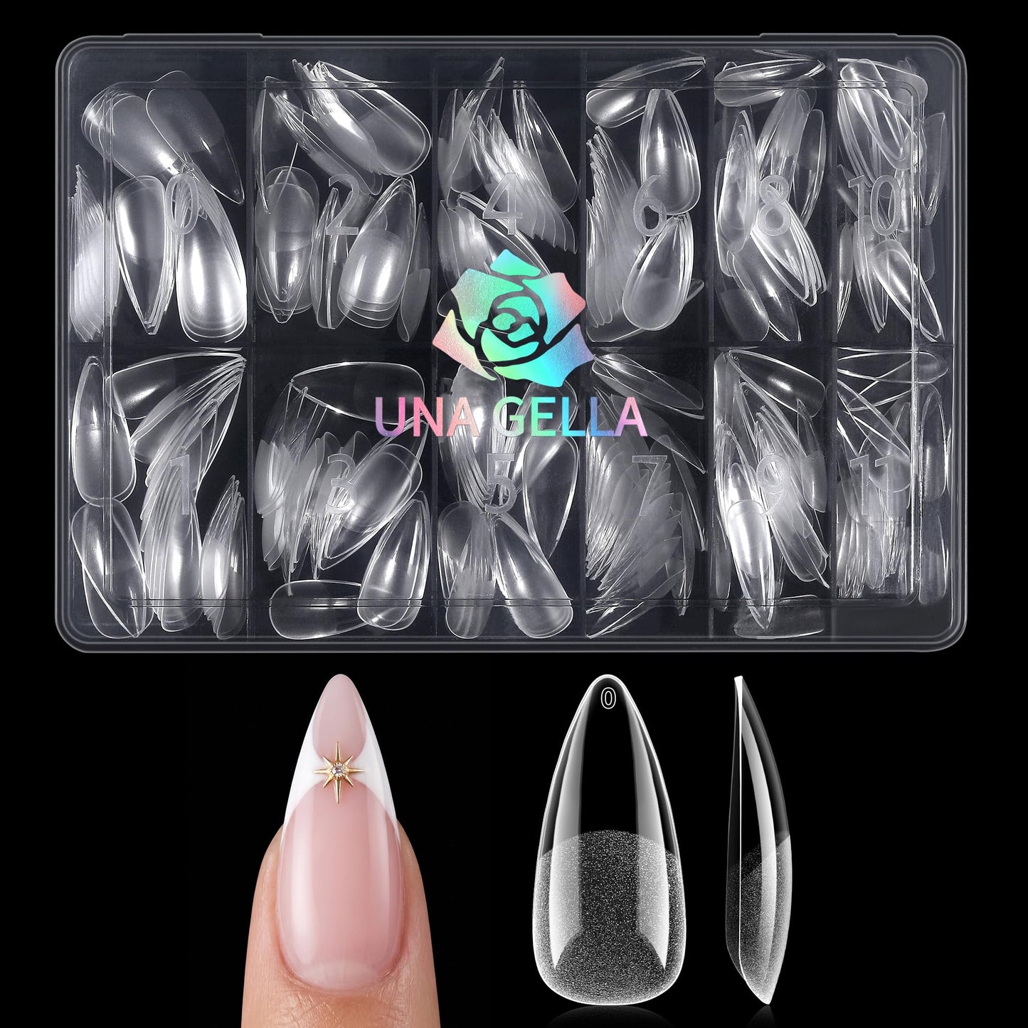 UNA GELLA Medium Stiletto Nail Tips, Pre Etched Stiletto Press on Nails, 240Pcs Clear Soft Gel Nail Tips Full Cover Fake Nails for DIY Art Salon At Home 12 Sizes
