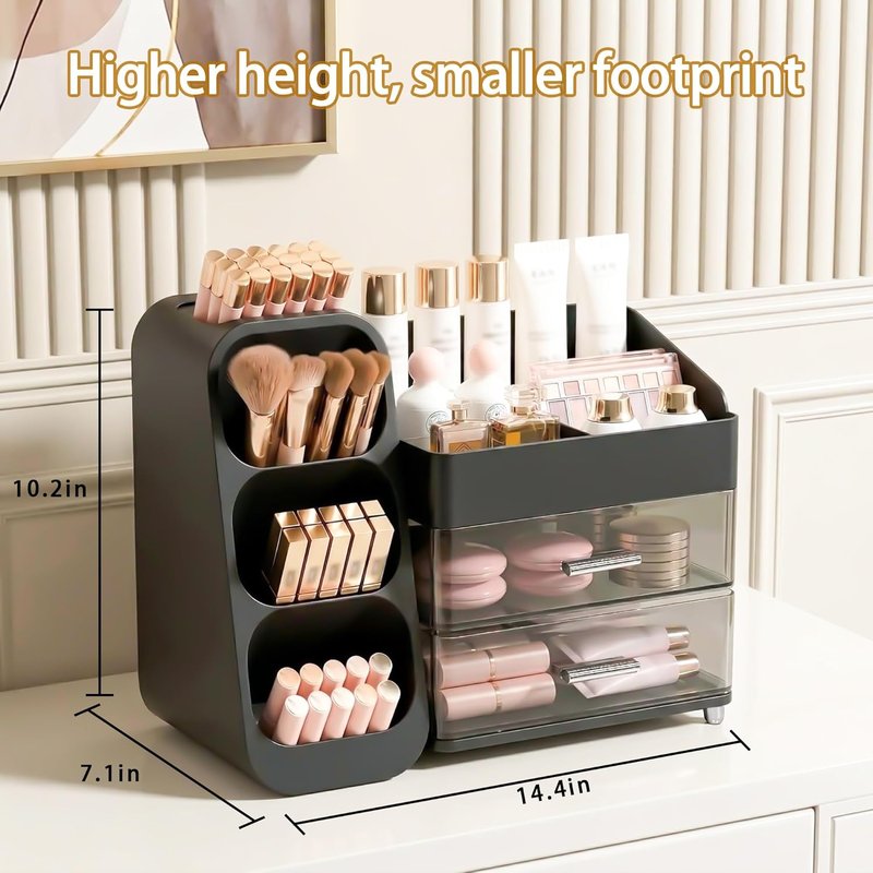 Makeup Organizer - Large Capacity Countertop Storage with Brush Holder | Thickened Material, Black